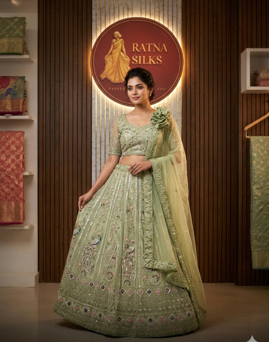 Green Lehenga - Semi Stitched